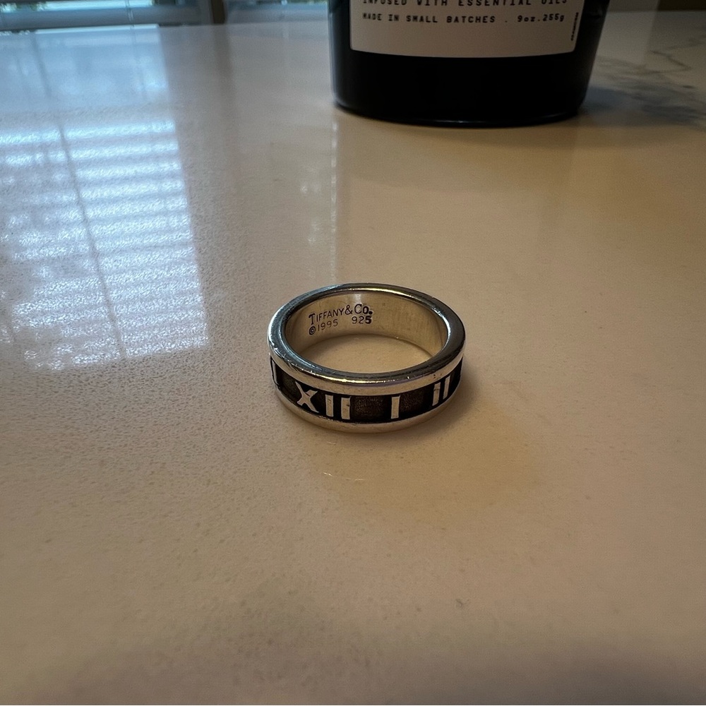 Tiffany & Co Silver Atlas Ring Unisex Wide Band Roman Numerals, size 5